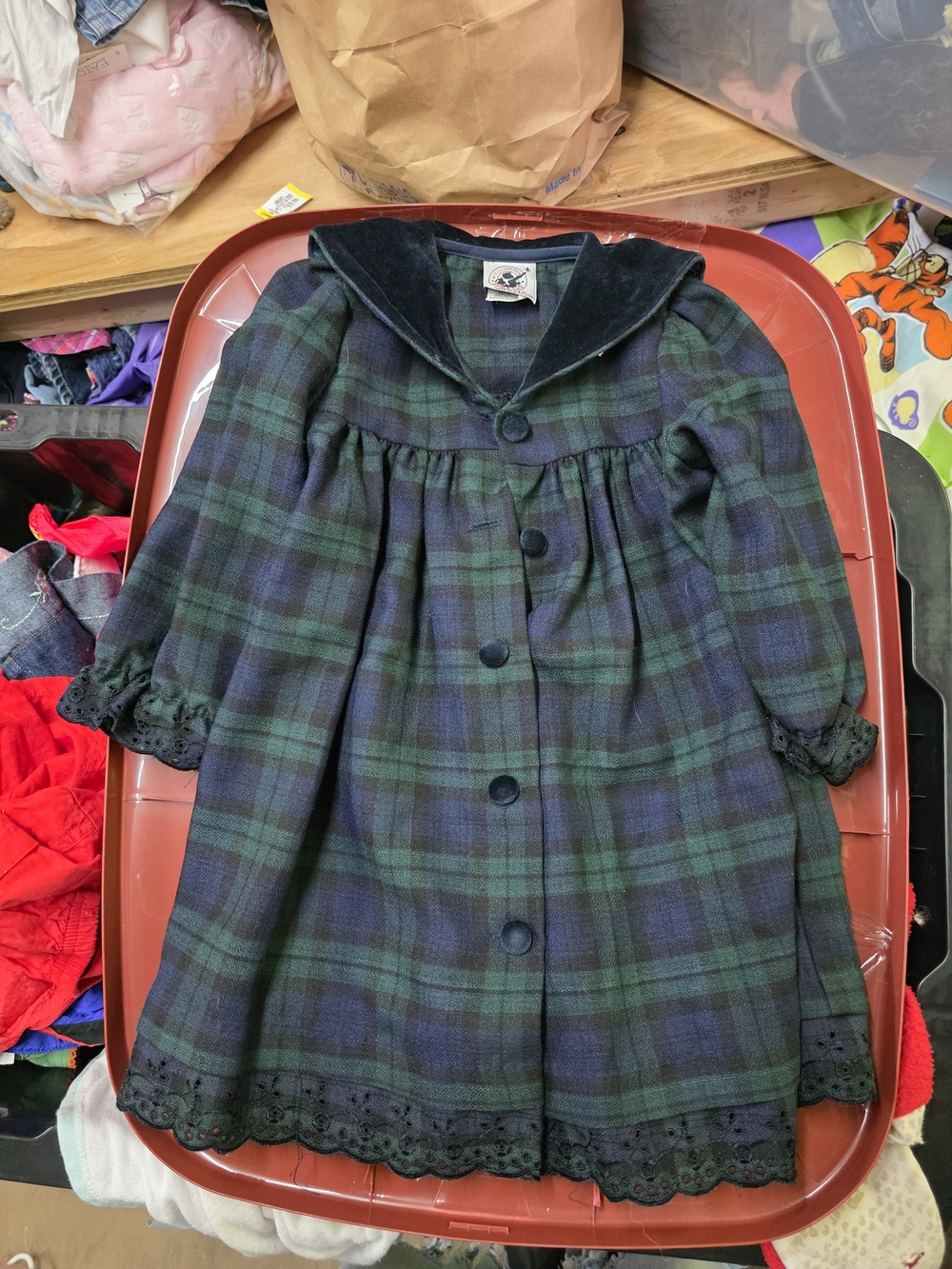 Good Lad Navy and Green Plaid Velvet-Collared Dress Coat